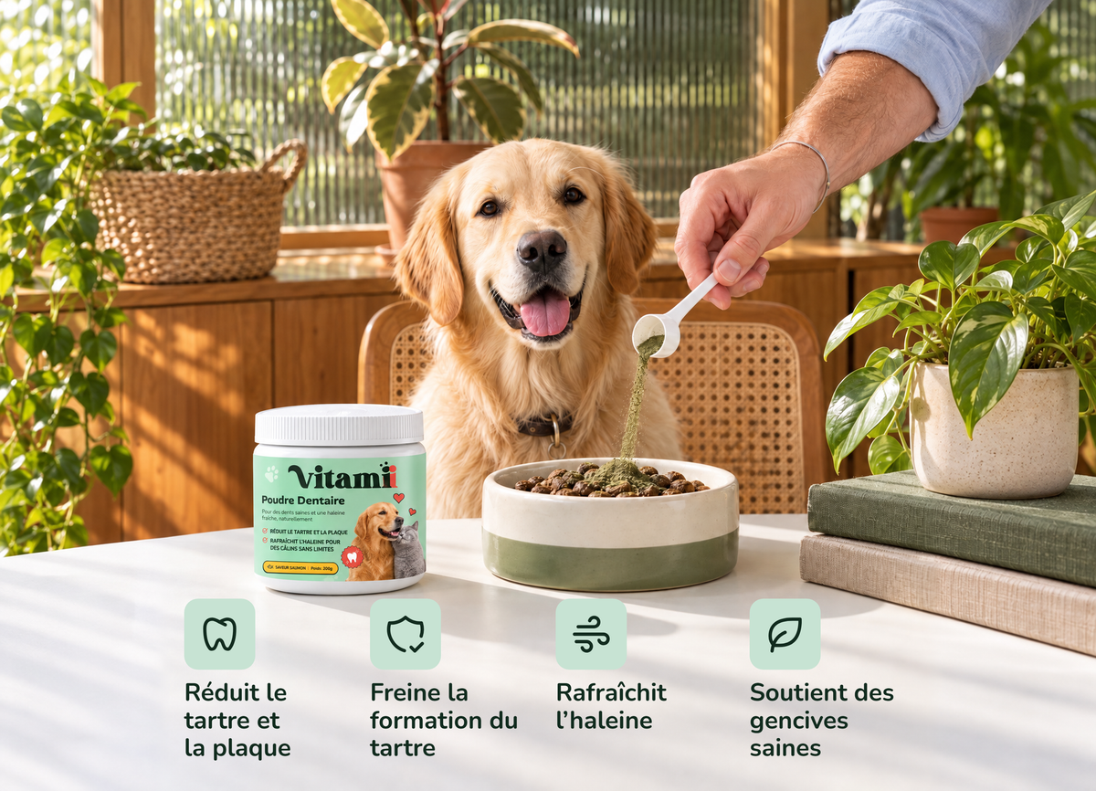 Golden retriever souriant : la poudre réduit le tartre et la plaque, rafraîchit l'haleine et soutient les gencives