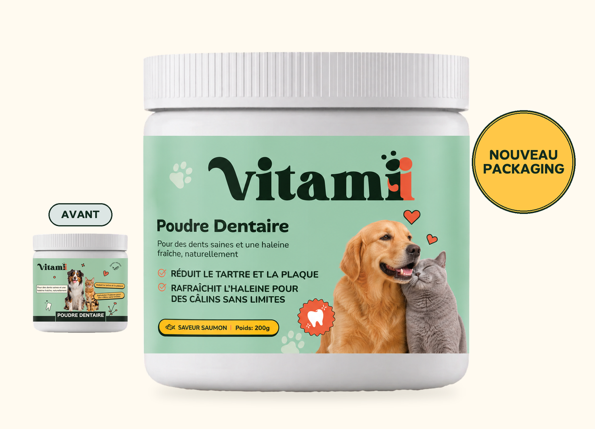 Poudre Dentaire Vitamii : l'ancien pot et le nouveau packaging avec le golden retriever et le chat gris