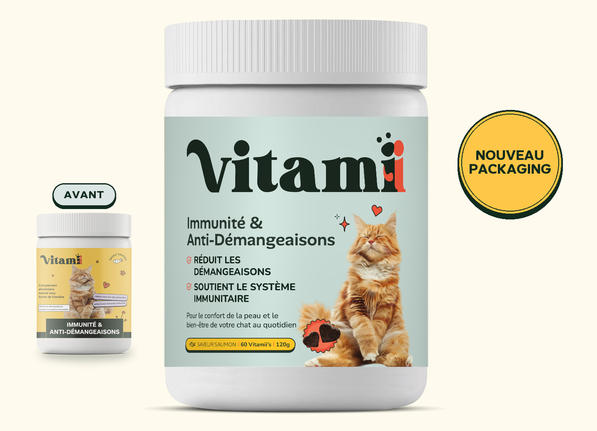 Nouveau packaging des friandises Immunité et Anti-Démangeaisons pour chat Vitamii, avec l’ancien pot en comparaison