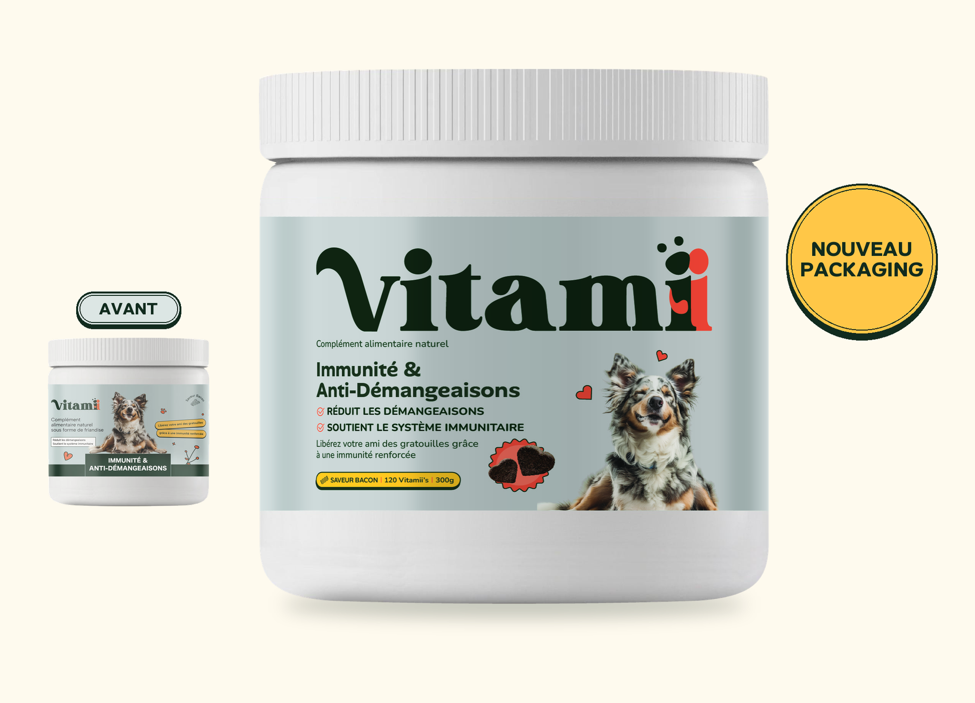 Nouveau packaging Immunité et Anti-Démangeaisons Chien Vitamii, ancien pot à gauche et nouveau pot large au centre