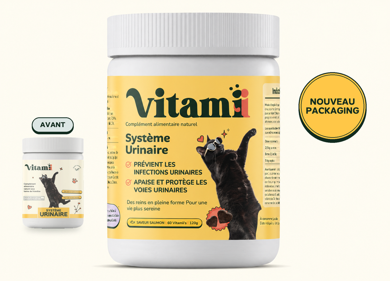 Nouveau packaging Système Urinaire Chat Vitamii : ancien pot à gauche, nouveau pot au centre.