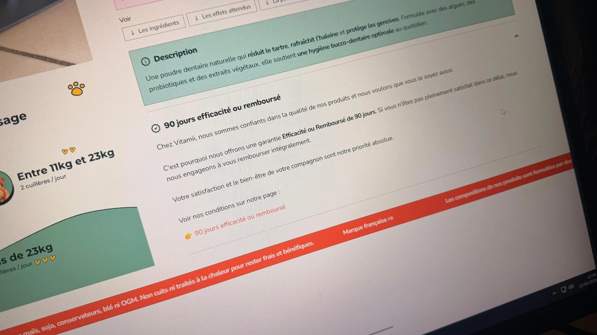 Photo de la garantie 90 jours efficacité ou remboursé sur la fiche produit Vitamii
