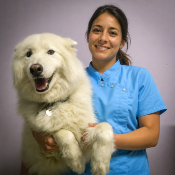 Dr Monin M., vétérinaire avec un chien